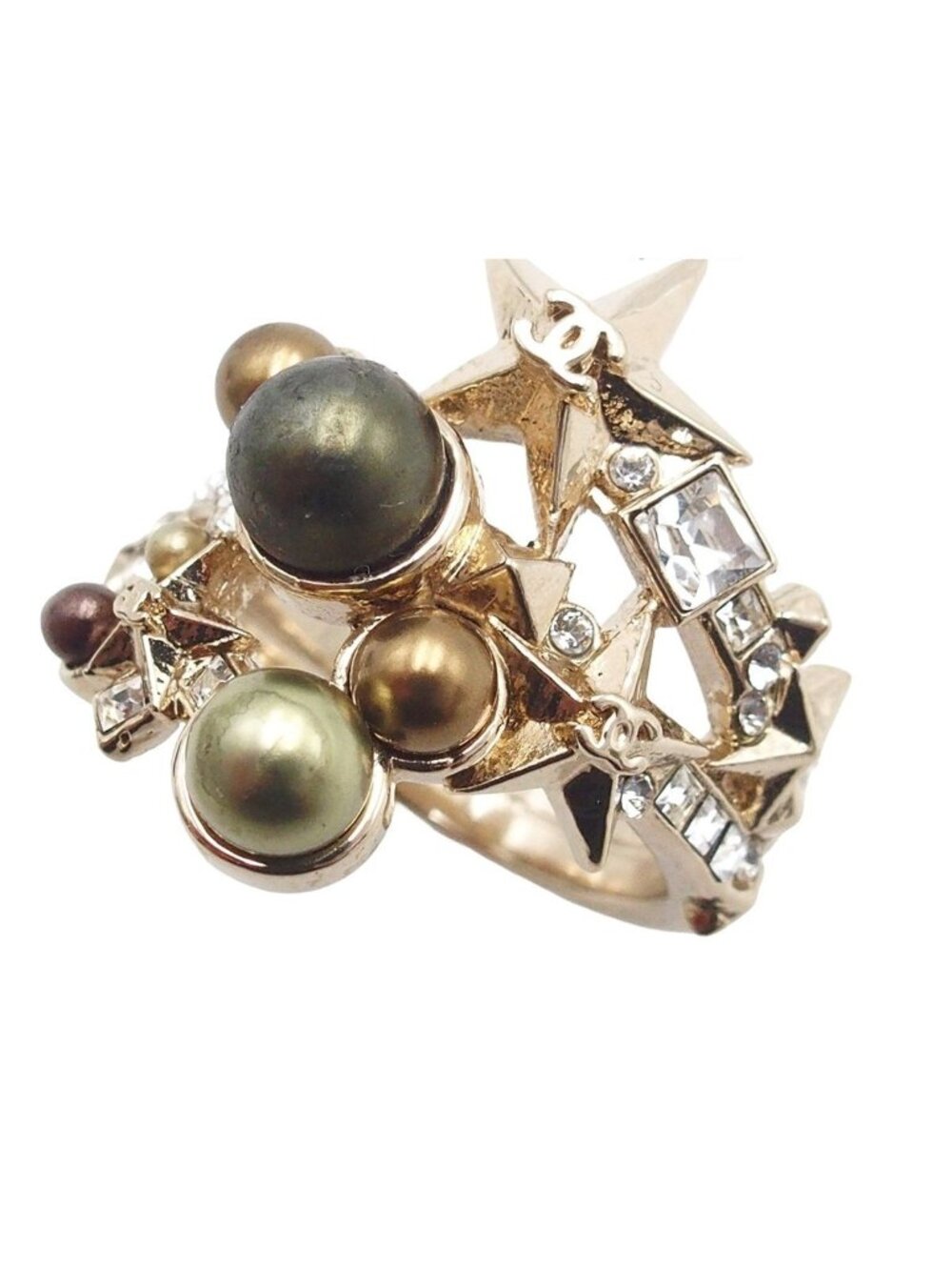 Chanel Ring Light Gold Metal No CC Logo Star Rhinestone Costume